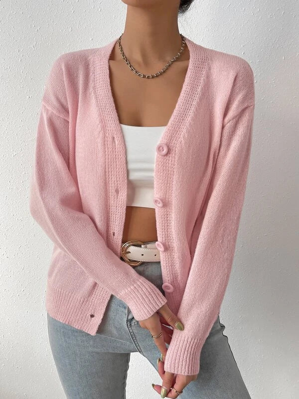 French Drop Shoulder Buttoned Cardigan