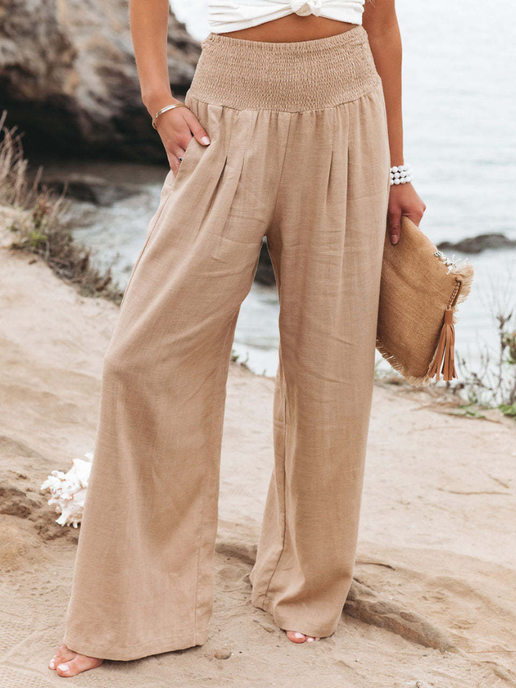 High-Waisted Cotton Linen Palazzo Trousers