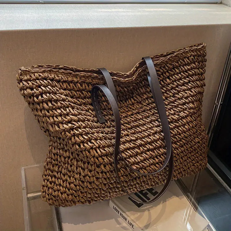 Vara Woven Carrier Tote Bag with Leather Straps