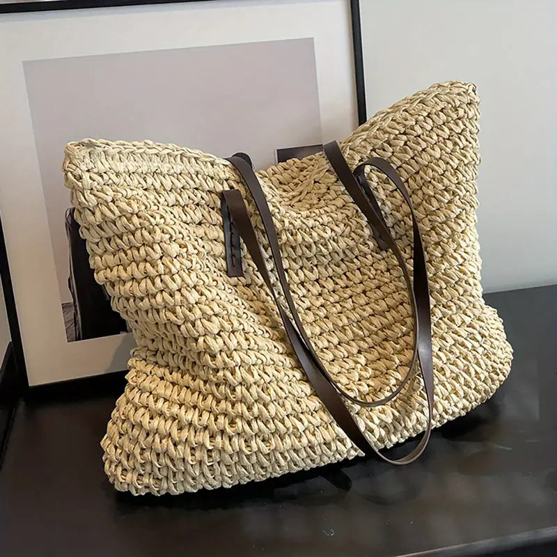 Vara Woven Carrier Tote Bag with Leather Straps