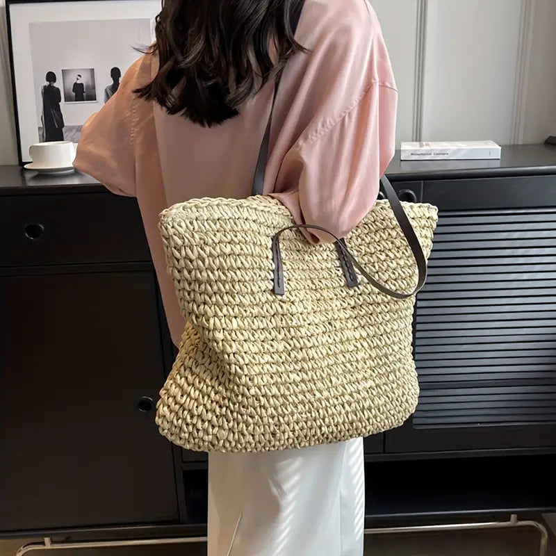 Vara Woven Carrier Tote Bag with Leather Straps