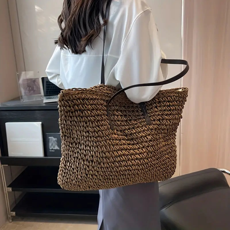 Vara Woven Carrier Tote Bag with Leather Straps