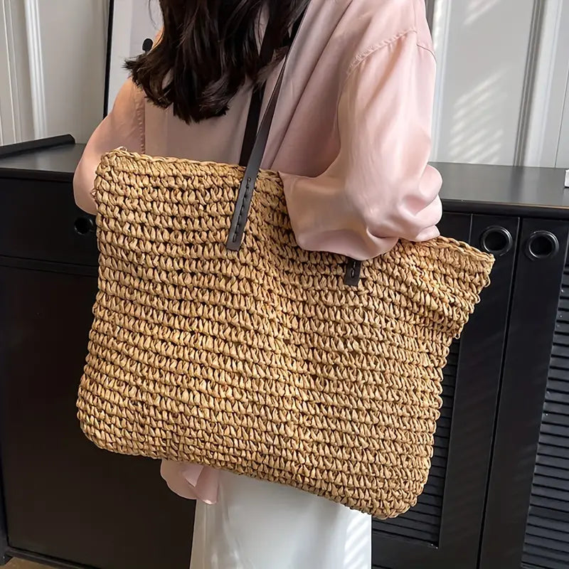 Vara Woven Carrier Tote Bag with Leather Straps