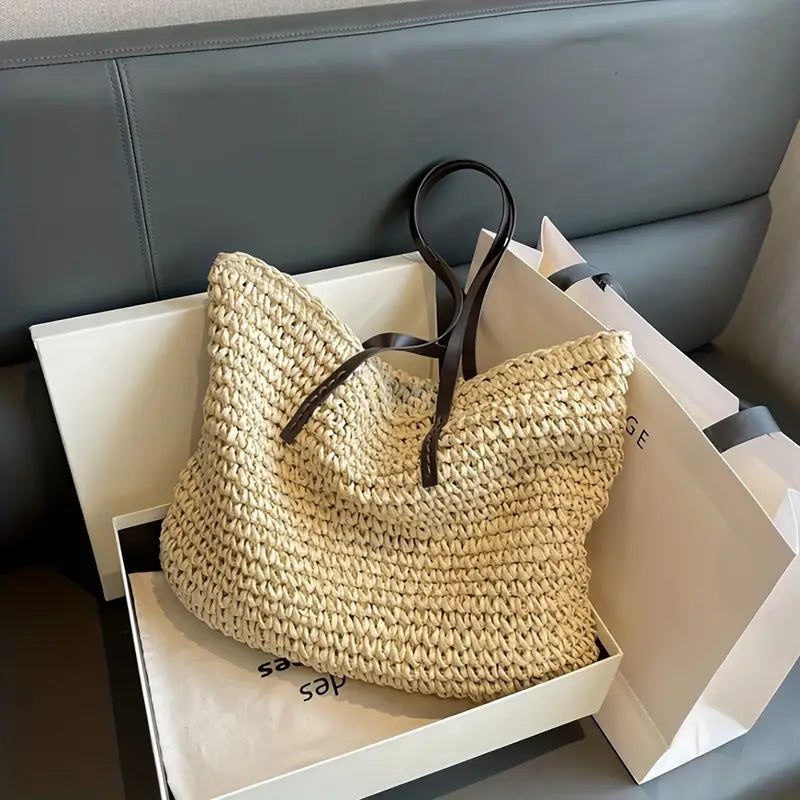 Vara Woven Carrier Tote Bag with Leather Straps