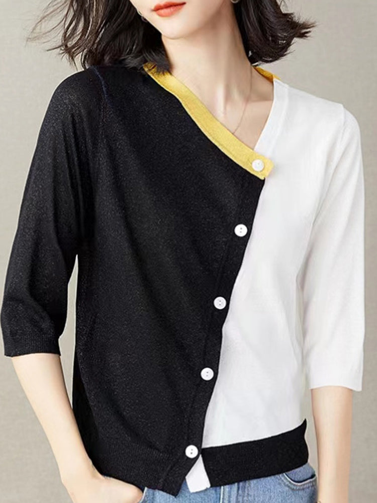 Asymmetrical Contrast Buttoned Cardigan