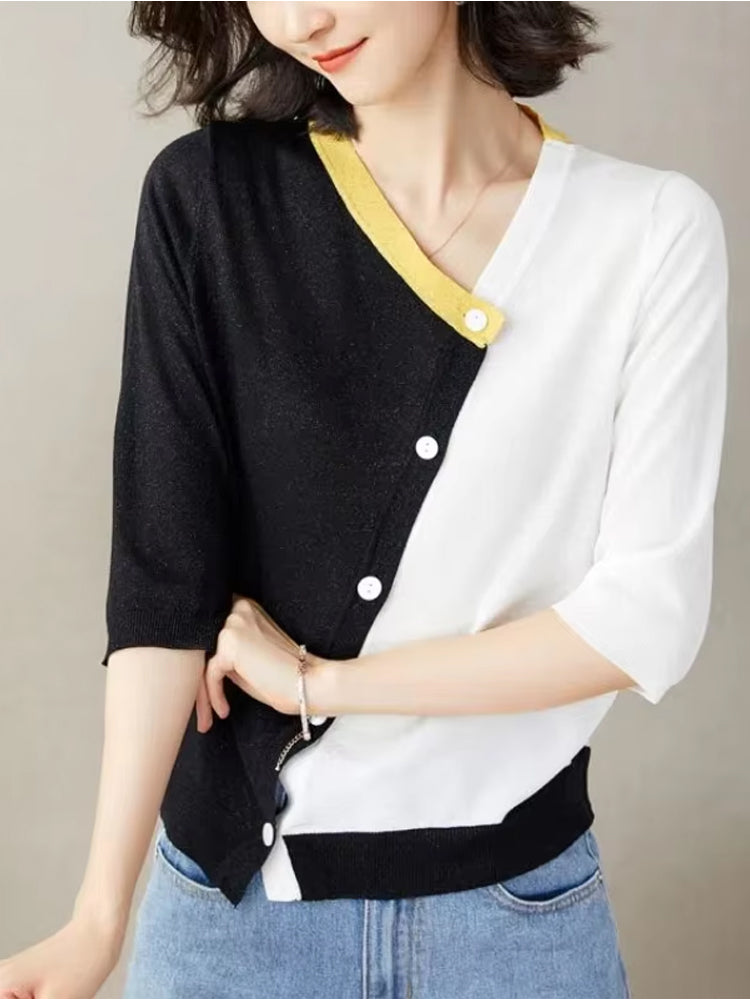 Asymmetrical Contrast Buttoned Cardigan