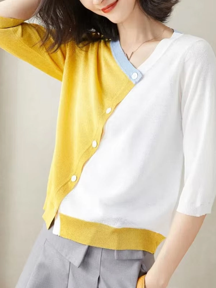 Asymmetrical Contrast Buttoned Cardigan