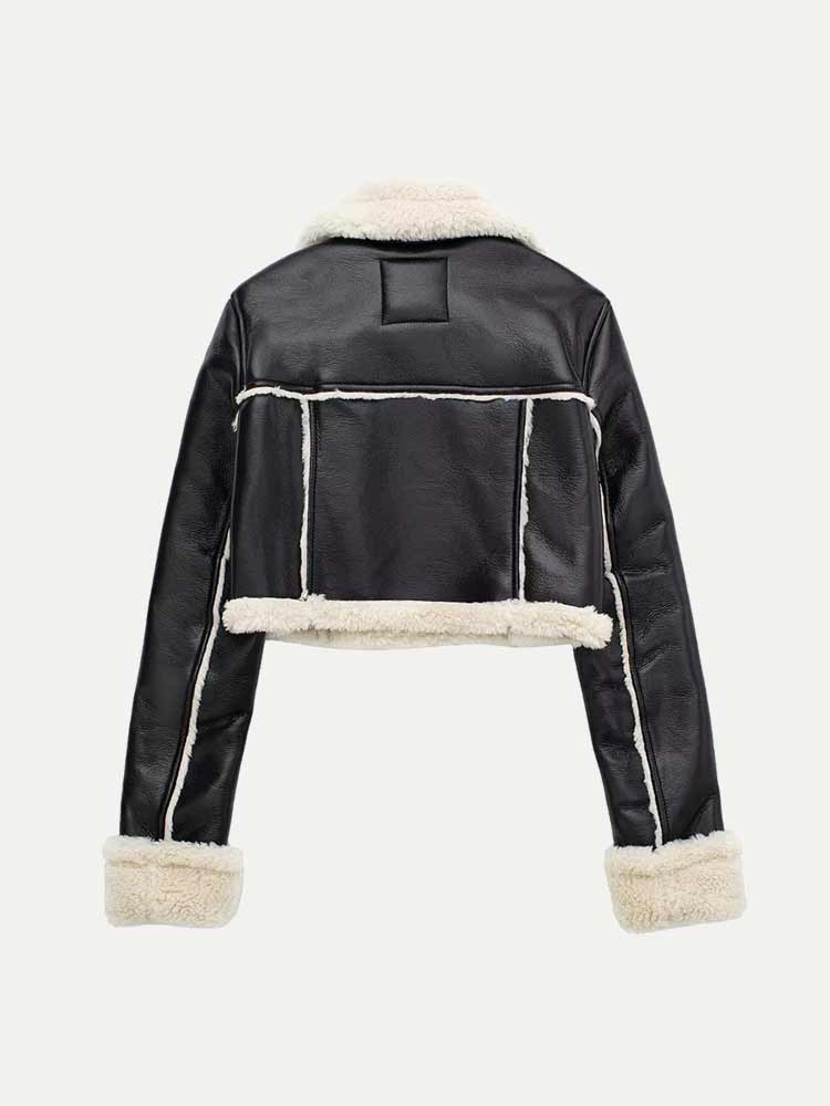 Fur Collar Cropped Faux Leather Jacket