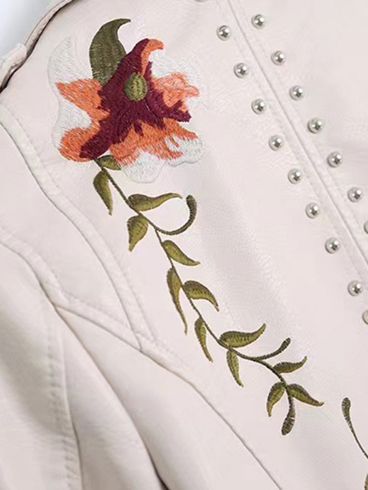 Floral Embroidery Faux Leather Jacket