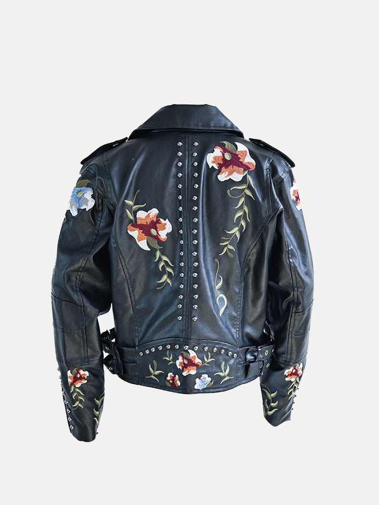 Floral Embroidery Faux Leather Jacket