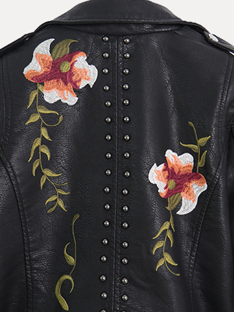 Floral Embroidery Faux Leather Jacket