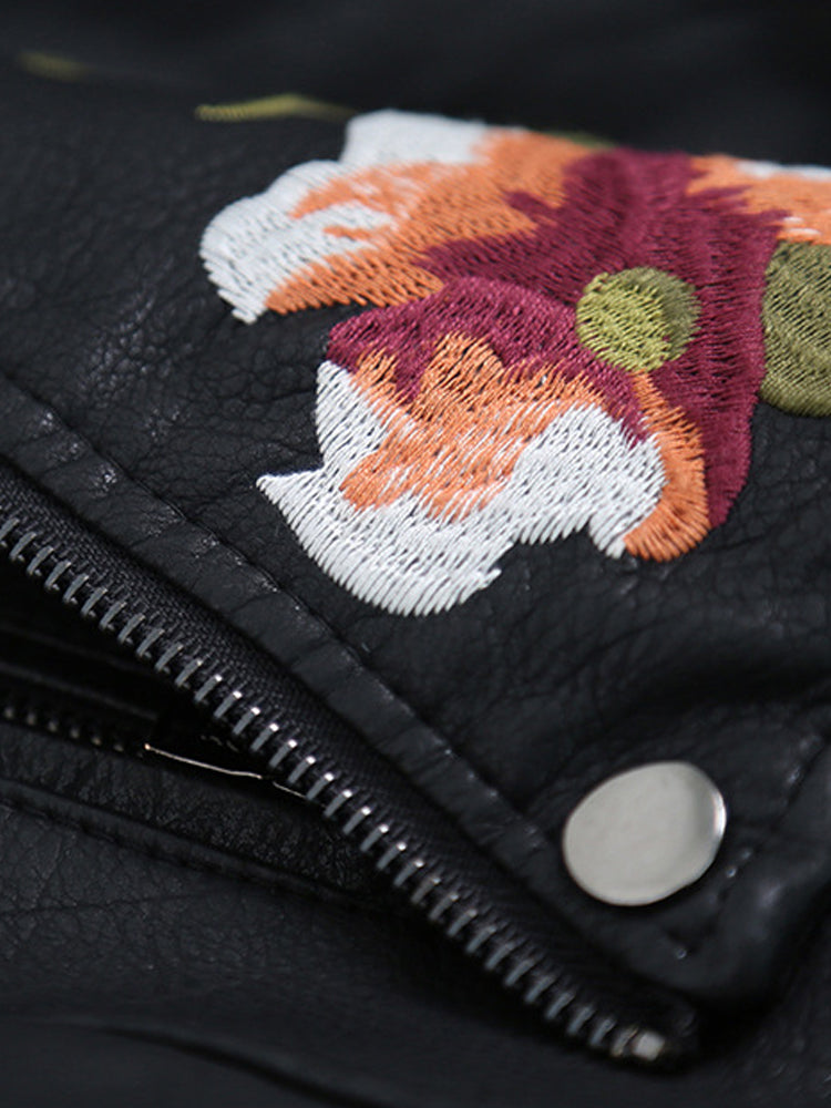 Floral Embroidery Faux Leather Jacket