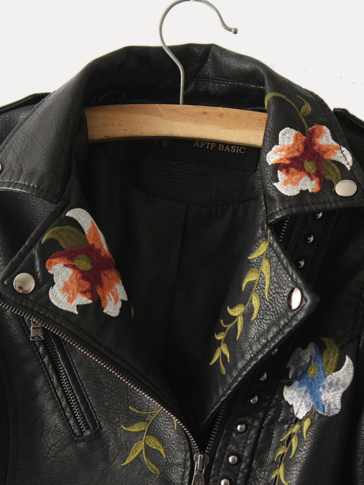 Floral Embroidery Faux Leather Jacket