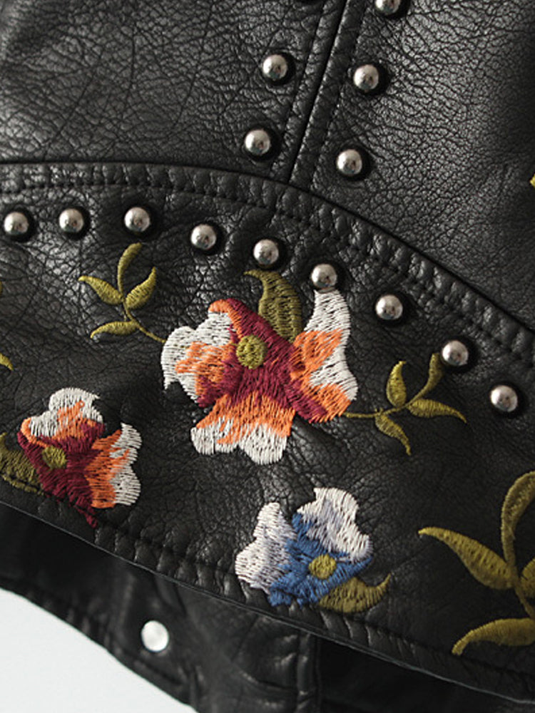 Floral Embroidery Faux Leather Jacket