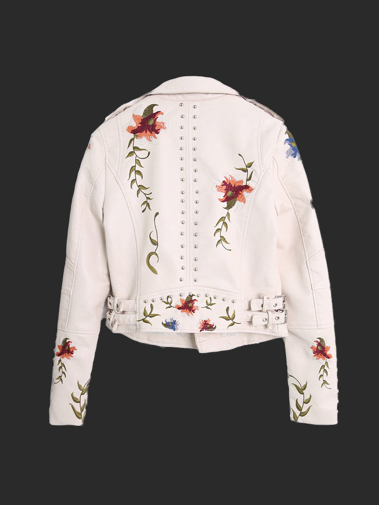 Floral Embroidery Faux Leather Jacket