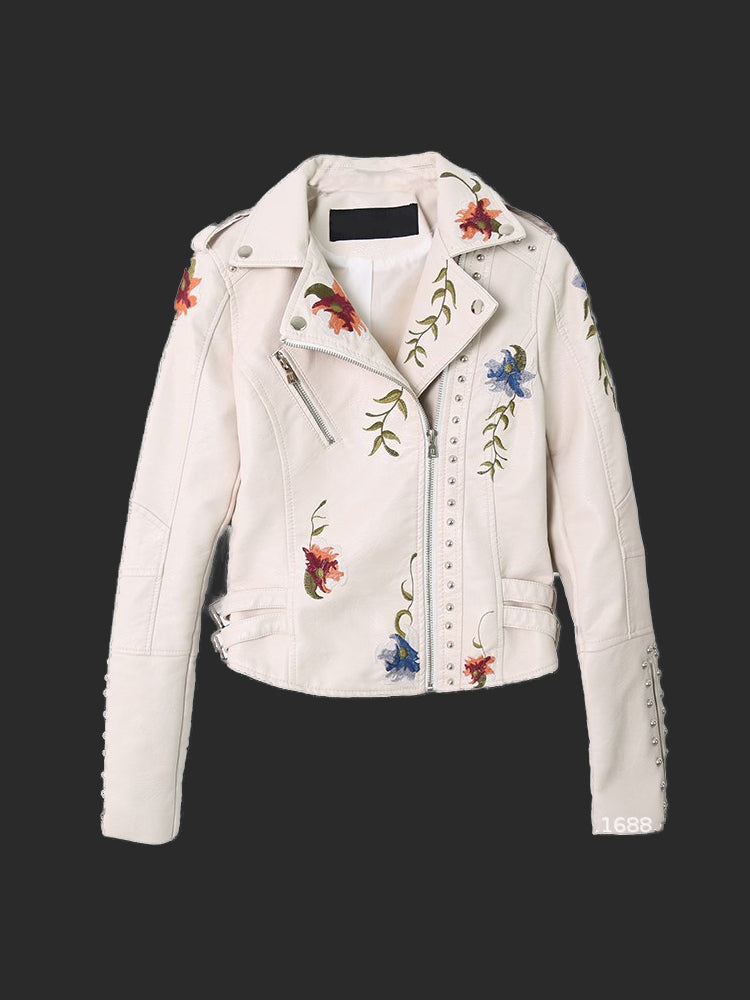 Floral Embroidery Faux Leather Jacket