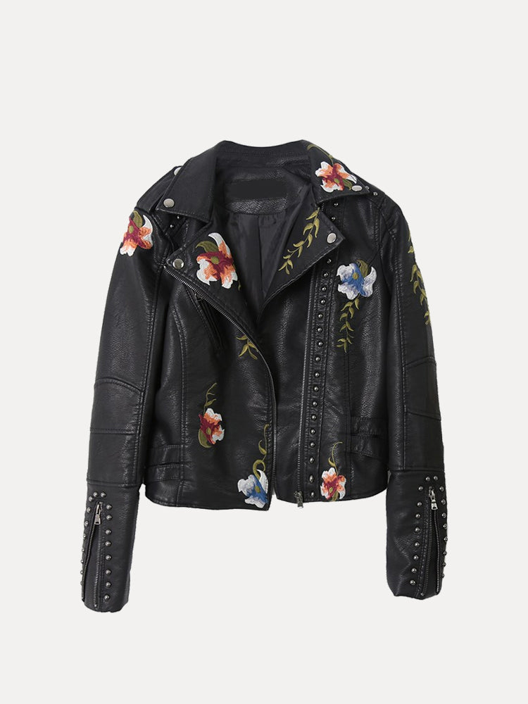 Floral Embroidery Faux Leather Jacket