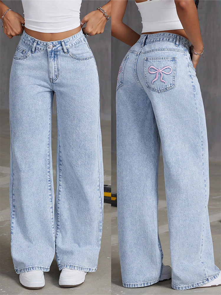 Pink Embroidery Baggy Bowtie Jeans