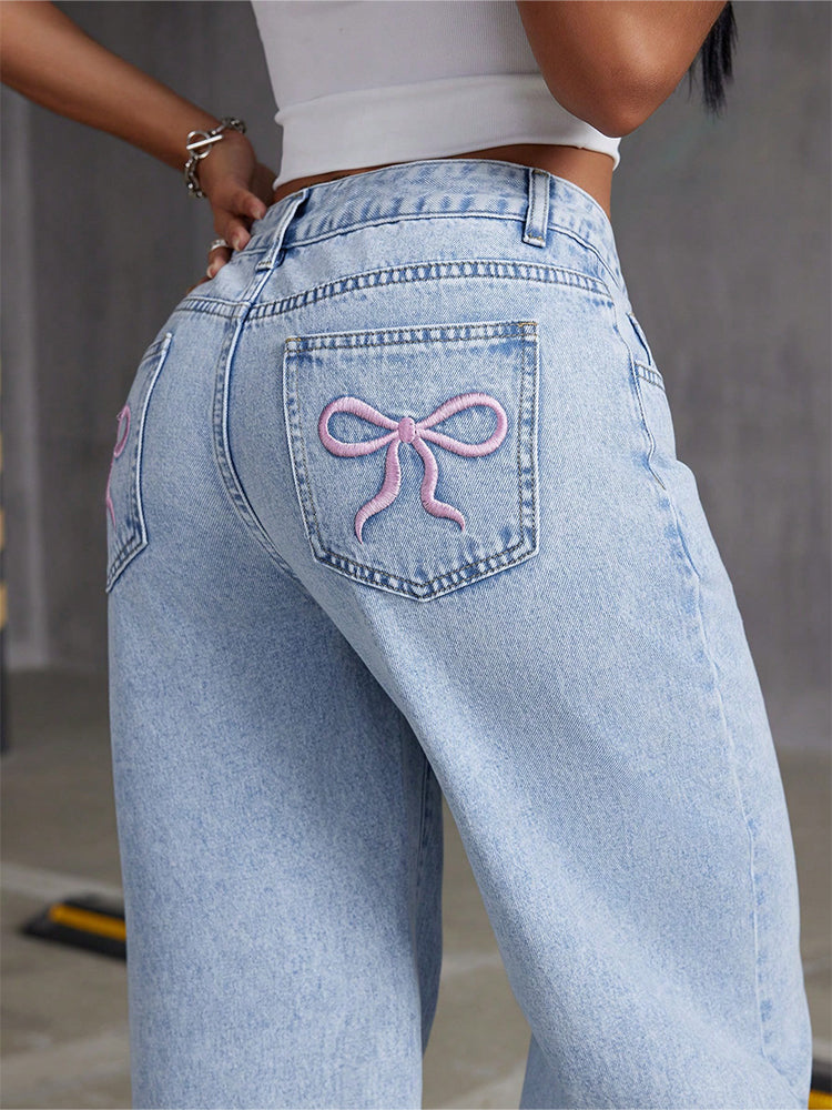 Pink Embroidery Baggy Bowtie Jeans