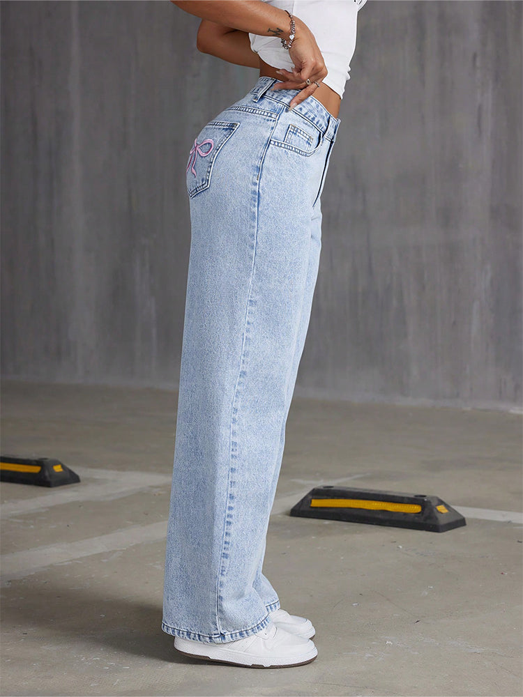 Pink Embroidery Baggy Bowtie Jeans