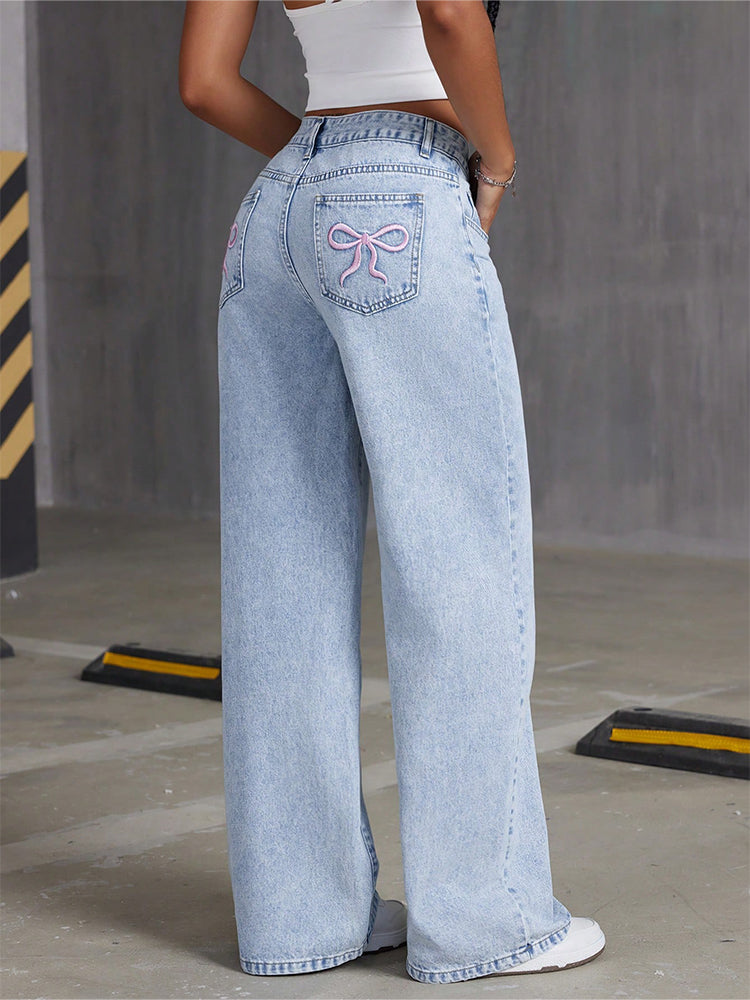 Pink Embroidery Baggy Bowtie Jeans