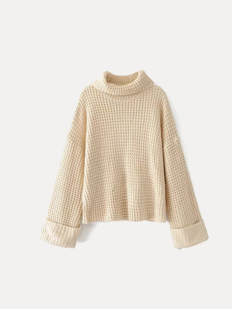 Relaxed Textured Pullover Turtleneck Sweater