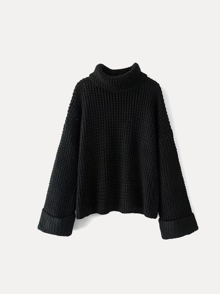 Relaxed Textured Pullover Turtleneck Sweater