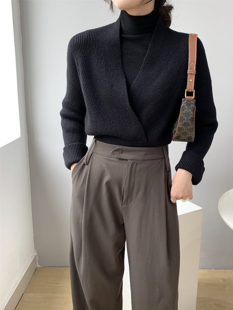 Ribbed V-Neck Slim Waist Sweater