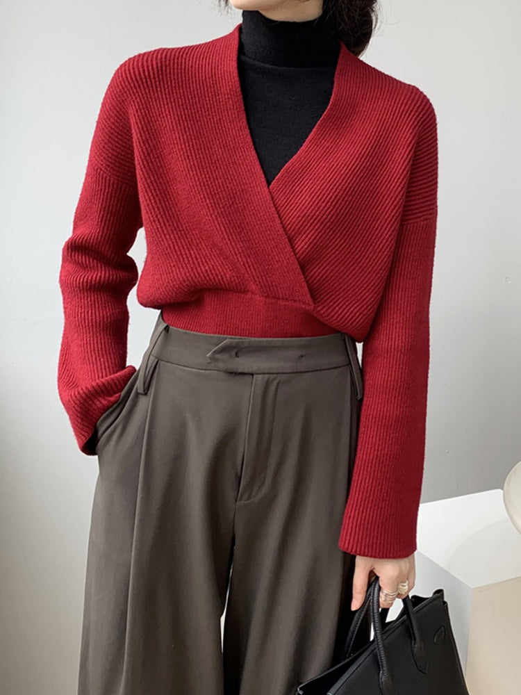 Ribbed V-Neck Slim Waist Sweater