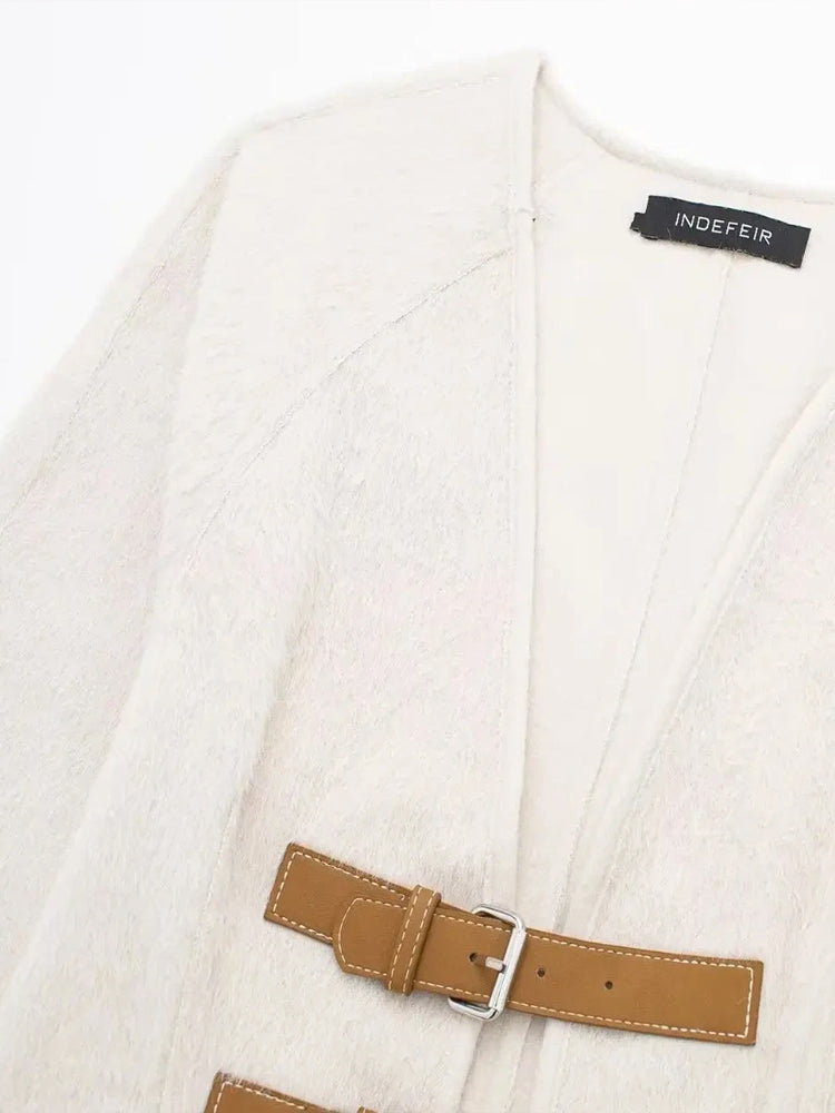 Soft Leather Belted Woolen Cardigan