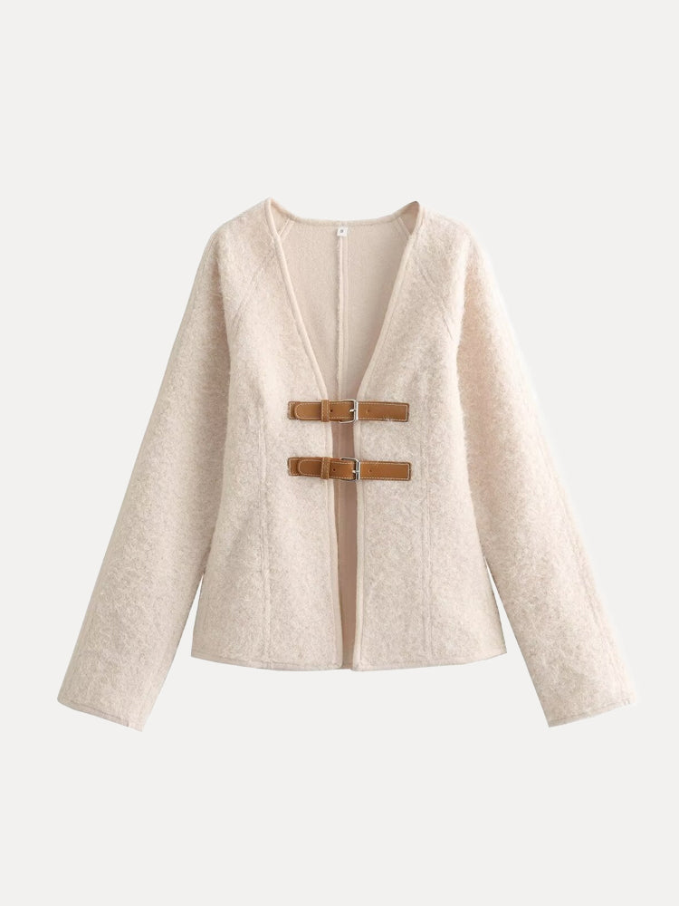 Soft Leather Belted Woolen Cardigan