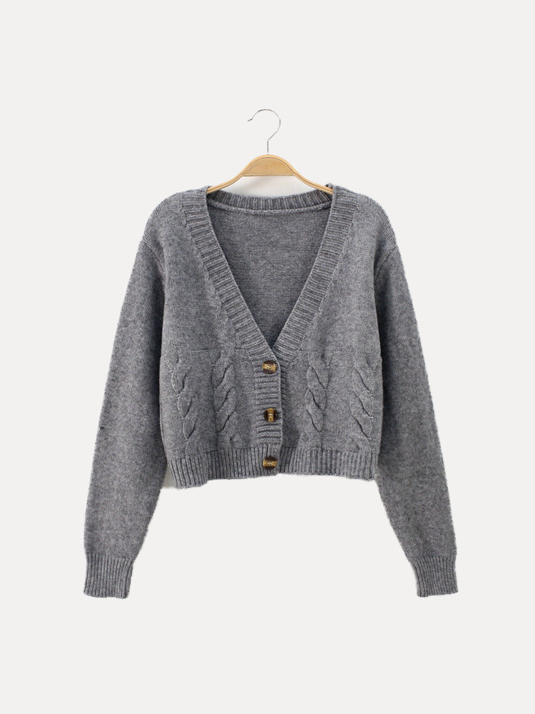 V-Neck Cropped Twist Knit Cardigan