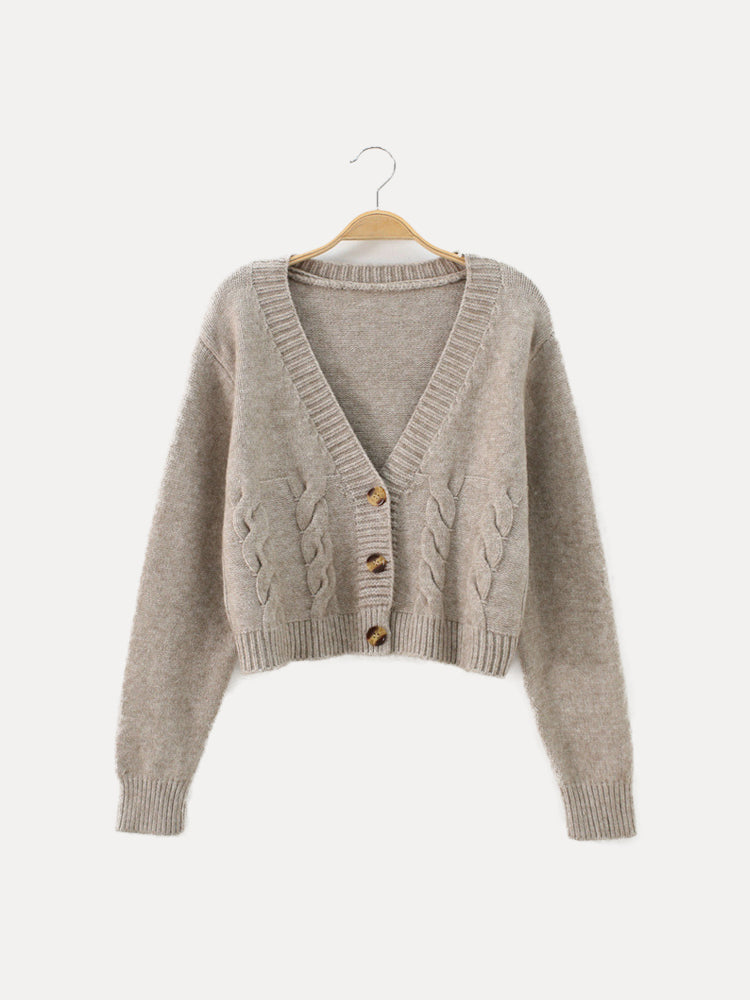 V-Neck Cropped Twist Knit Cardigan