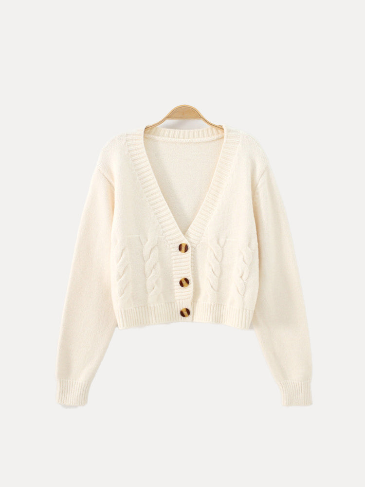 V-Neck Cropped Twist Knit Cardigan