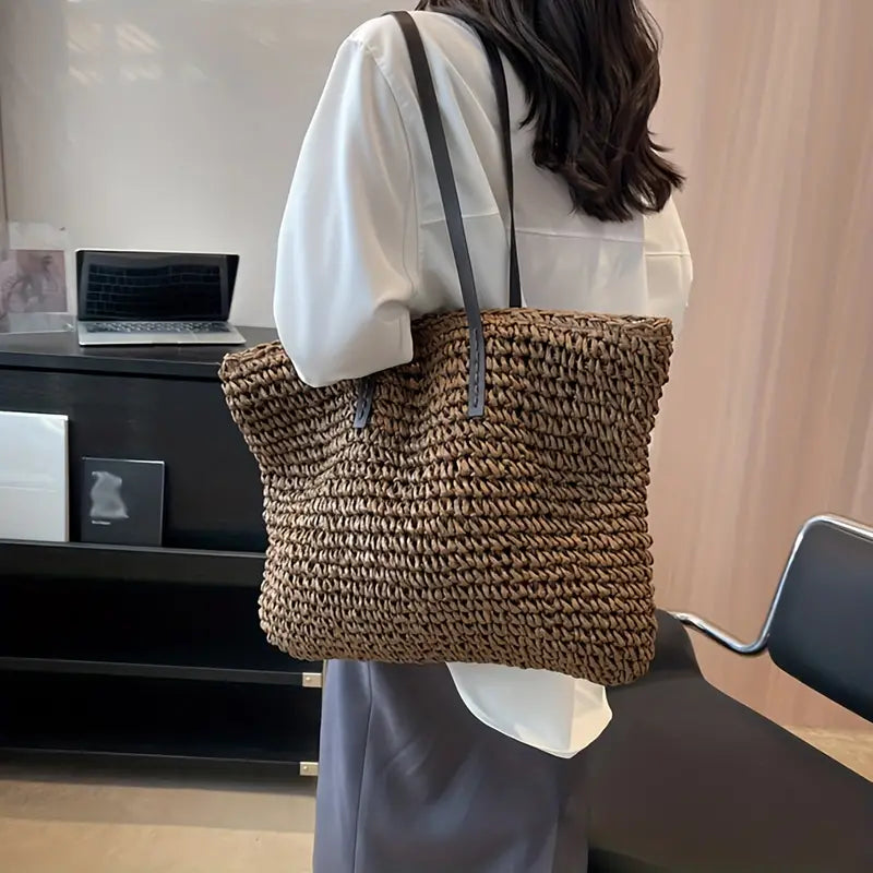 Vara Woven Carrier Tote Bag with Leather Straps