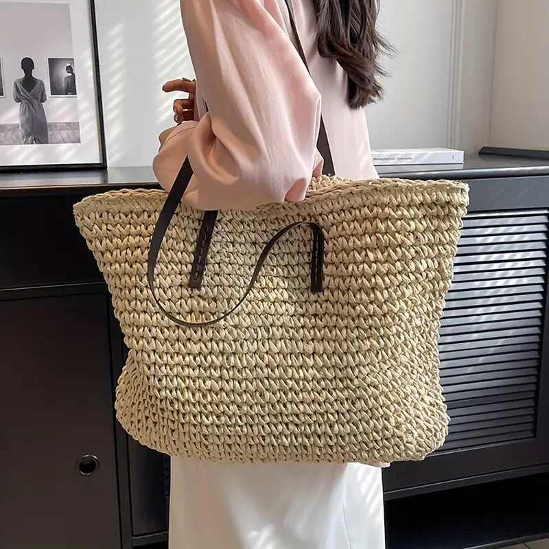 Vara Woven Carrier Tote Bag with Leather Straps