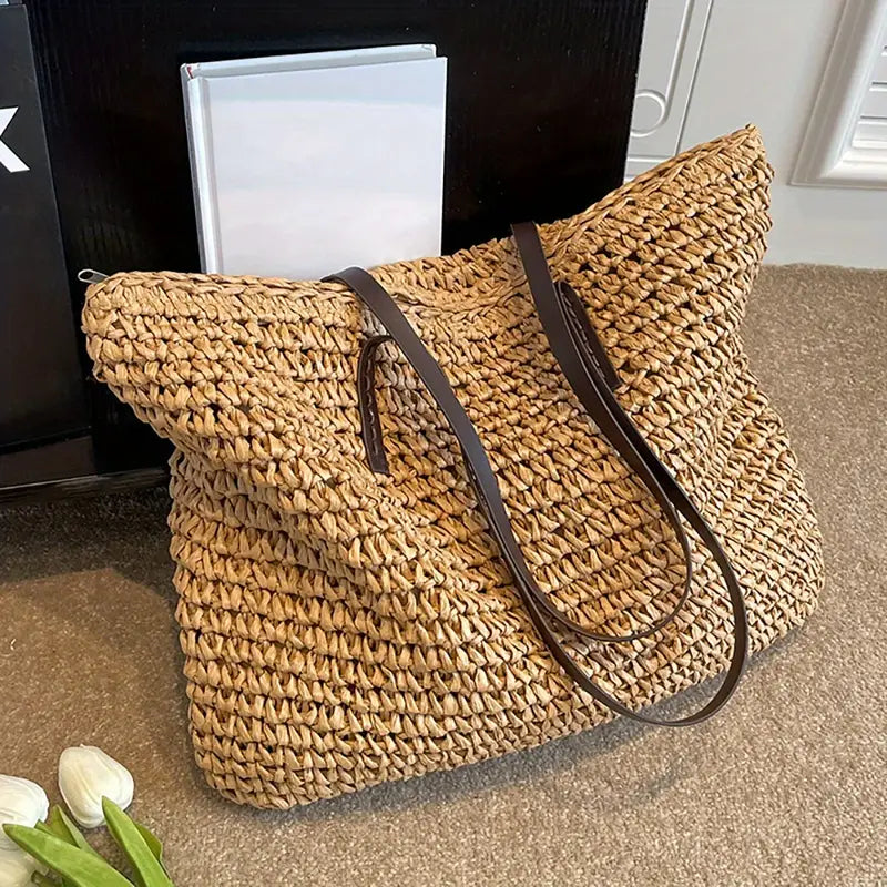 Vara Woven Carrier Tote Bag with Leather Straps