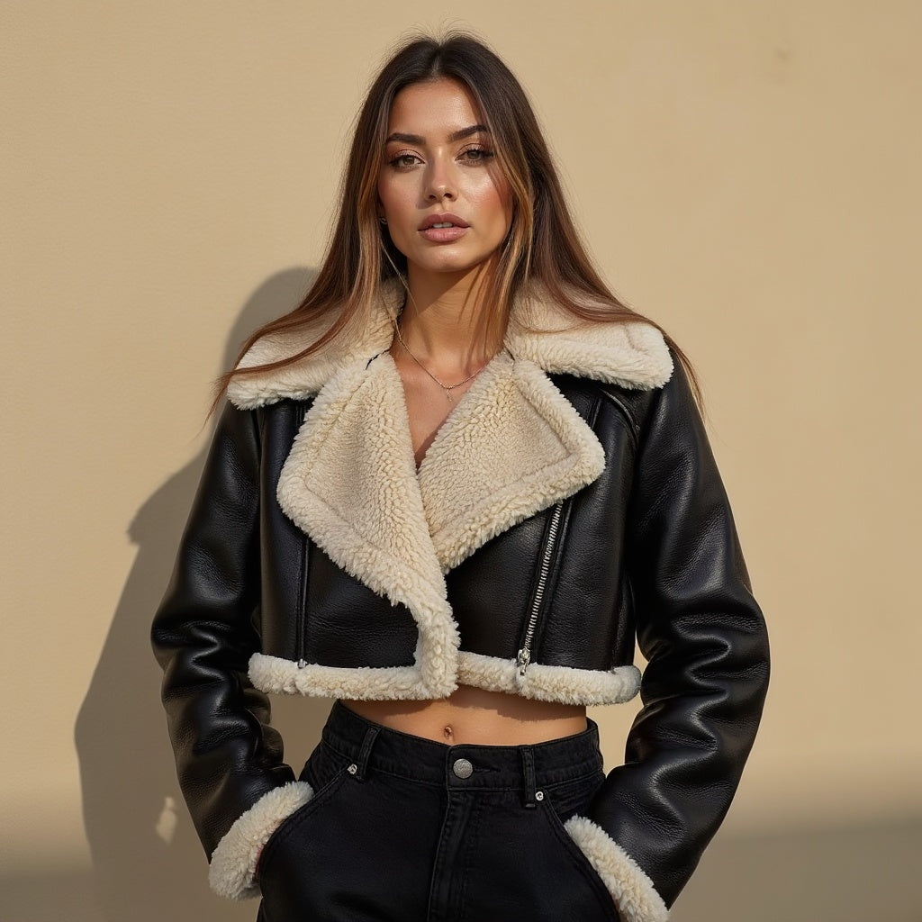 Fur Collar Cropped Faux Leather Jacket